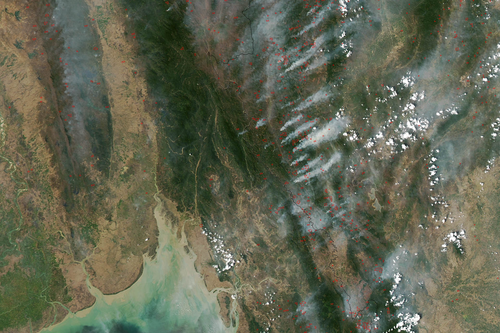This image of fires burning throughout Burma (Myanmar) and Thailand was acquired on March 22, 2013, by the Moderate Resolution Imaging Spectroradiometer (MODIS) on NASA&rsquo;s Aqua satellite. MODIS detects fires not from visible smoke plumes, but from thermal infrared energy radiating from the land surface. The heat is invisible in images like this, but the locations where MODIS detected fires are labeled with red dots. (Source: NASA)