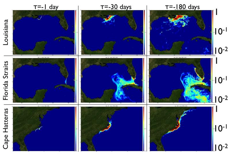 Adjoint Sensitivity - Left to right, the ensemble mean fraction of tracer sensitivity at the "coastline" after 1, 30 and 180 days, for coastal regions (top to bottom) Louisiana, the Florida Straits and Cape Hatteras - source: R. Tulloch, C.N. Hill & O. Jahn