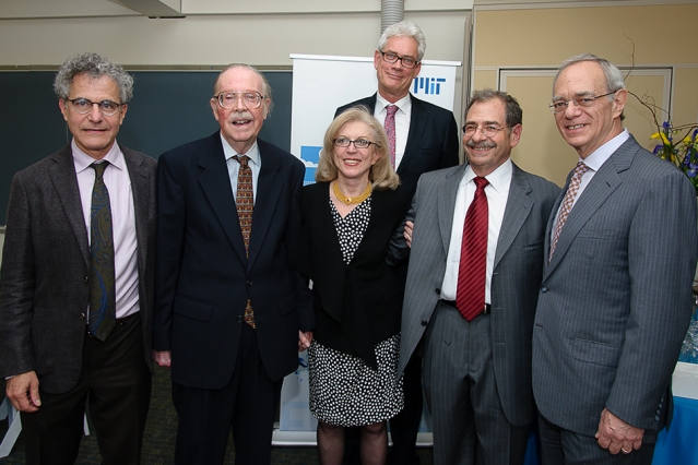 Left to right: School of Science Dean Michael Sipser, Emeritus Professor Peter Stone, Professor Paola Malanotte (Stone) Rizzoli, EAPS head Robert van der Hilst, former dean of the School of Science Marc Kastner, and President L. Rafael Reif. (Photo: J. Gillooly)